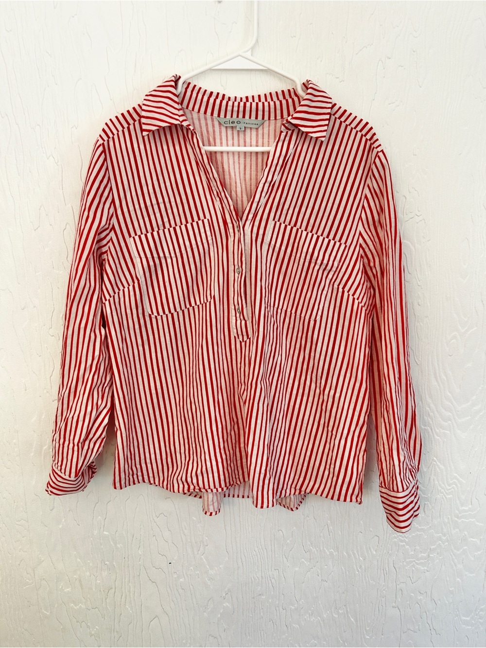 CLEO Red White Stripe Coastal Popover Top Lg Nautical Marina Summer Casual